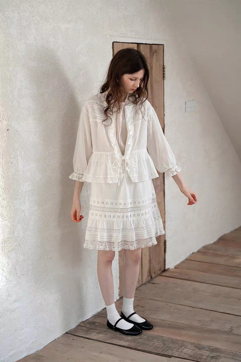 Kissgarnet. Original Design Embroidered Vintage Zip Cardigan & Bow Short Sleeve Dress Set