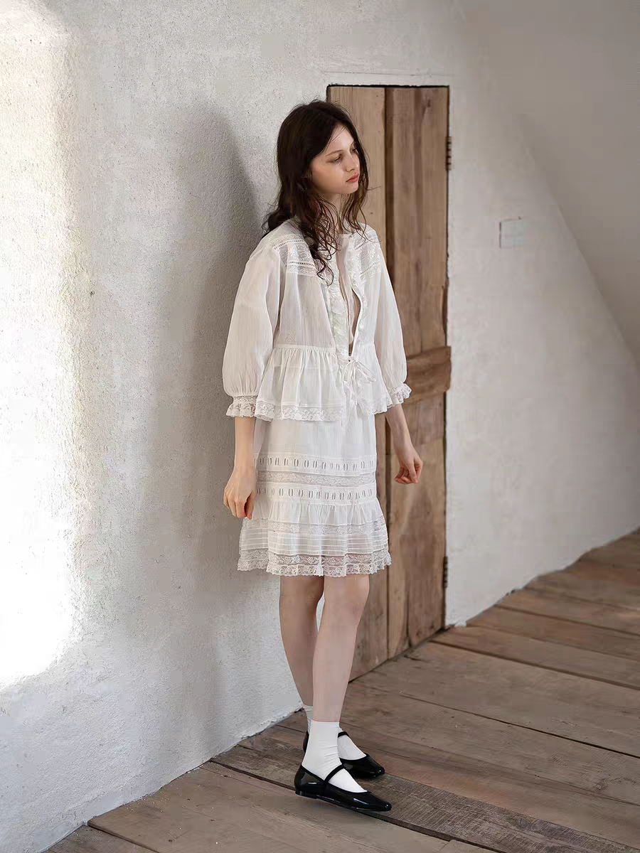 Kissgarnet. Original Design Embroidered Vintage Zip Cardigan & Bow Short Sleeve Dress Set
