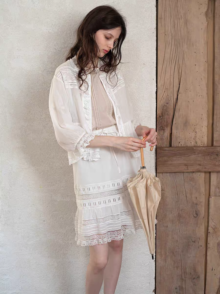 Kissgarnet. Original Design Embroidered Vintage Zip Cardigan & Bow Short Sleeve Dress Set