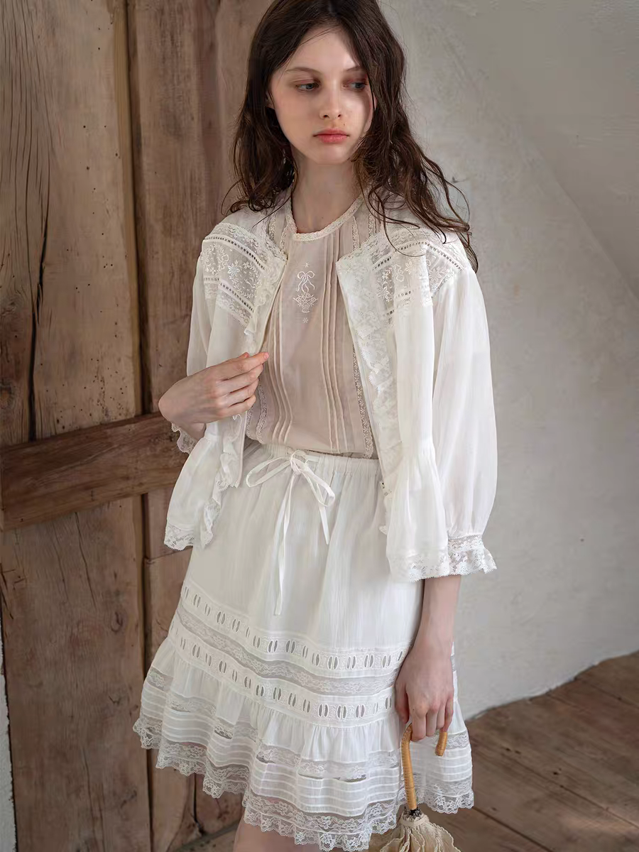 Kissgarnet. Original Design Embroidered Vintage Zip Cardigan & Bow Short Sleeve Dress Set