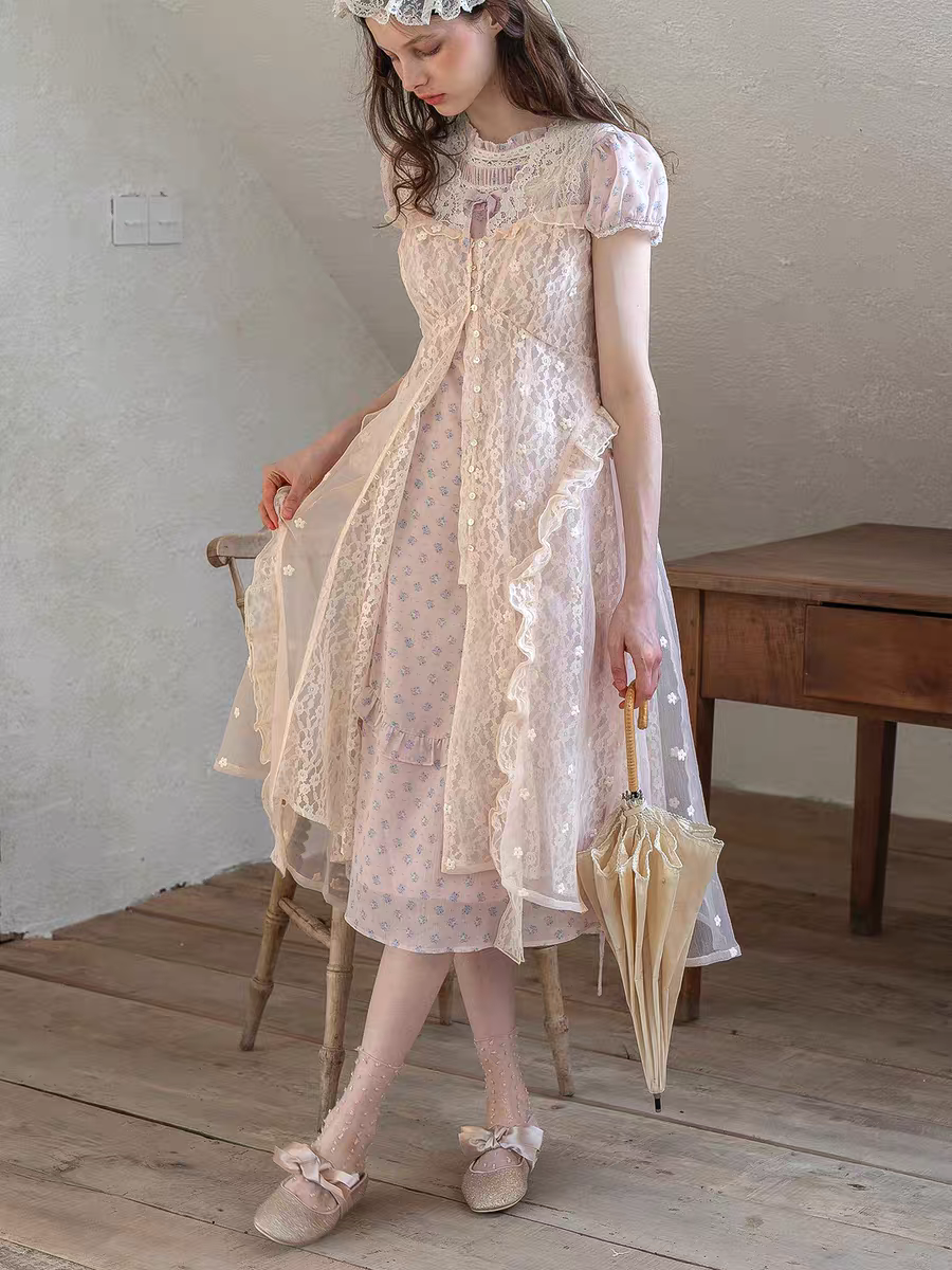 Kissgarnet. Original Design Knit Top & Lace Cardigan Dress Set