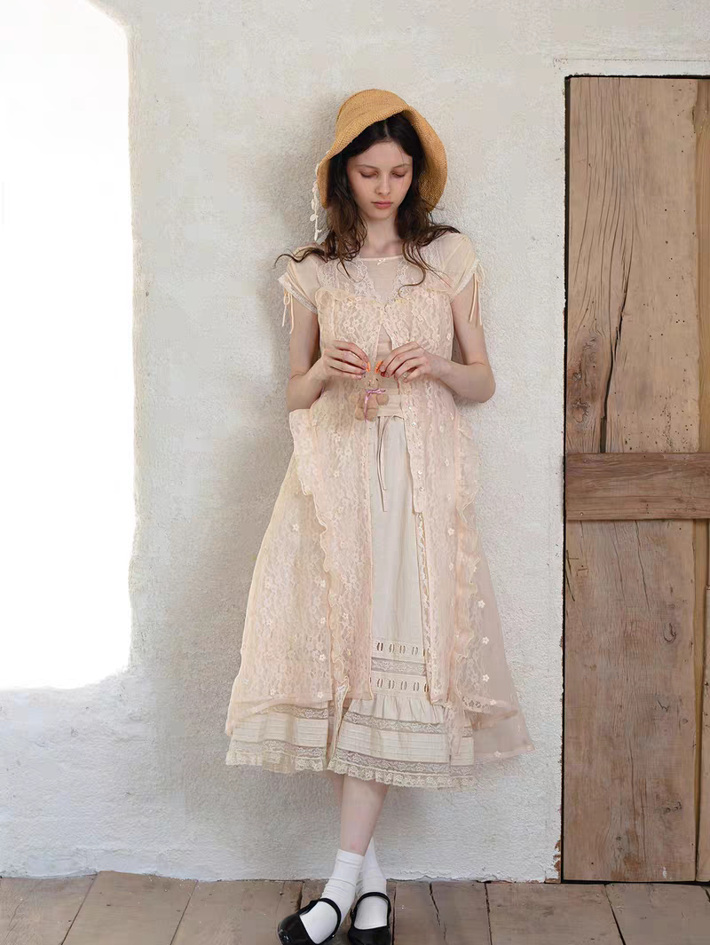 Kissgarnet. Original Design Knit Top & Lace Cardigan Dress Set