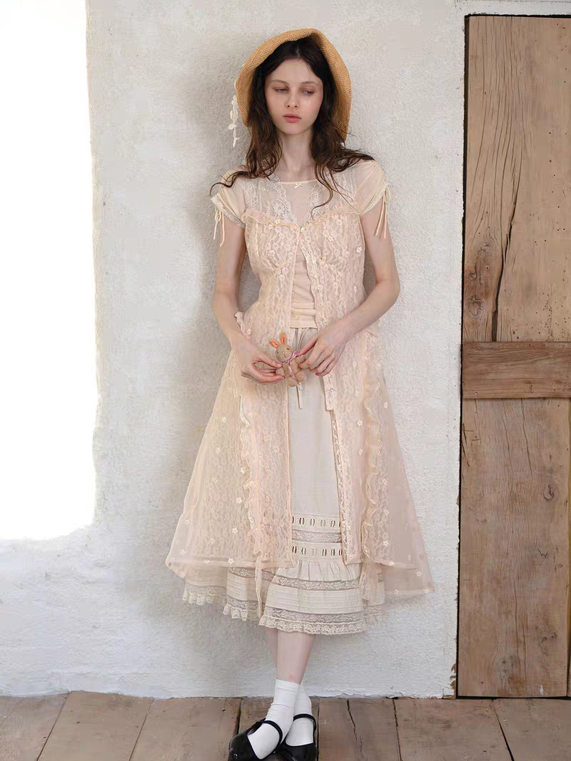 Kissgarnet. Original Design Knit Top & Lace Cardigan Dress Set