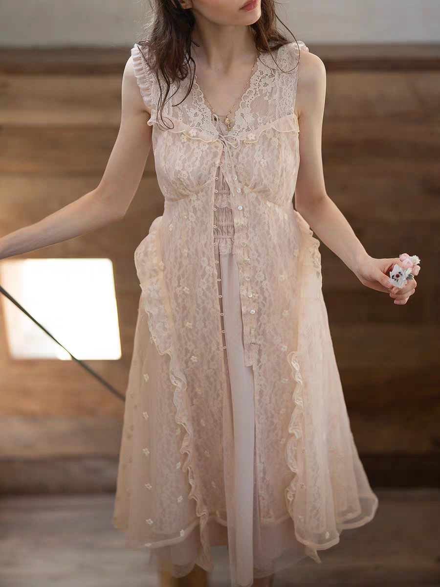 Kissgarnet. Original Design Knit Top & Lace Cardigan Dress Set