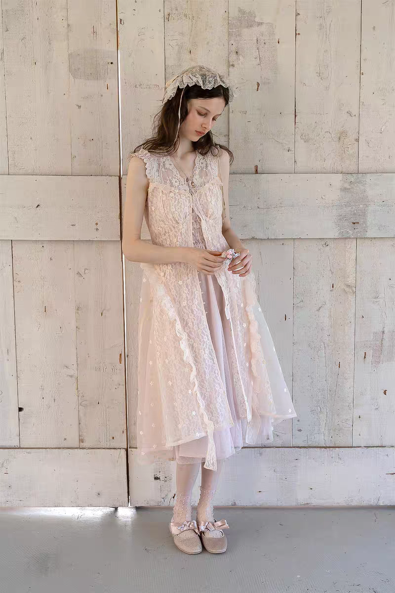 Kissgarnet. Original Design Knit Top & Lace Cardigan Dress Set