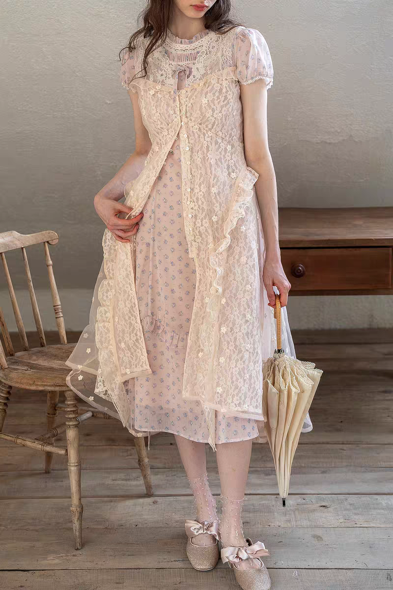 Kissgarnet. Original Design Knit Top & Lace Cardigan Dress Set