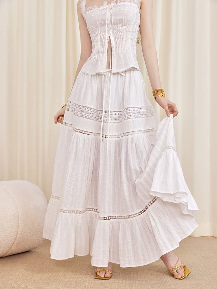 ilessisWANG. Original Design Boho Lace Linen Cami Top & Hollow-Out Skirt Set