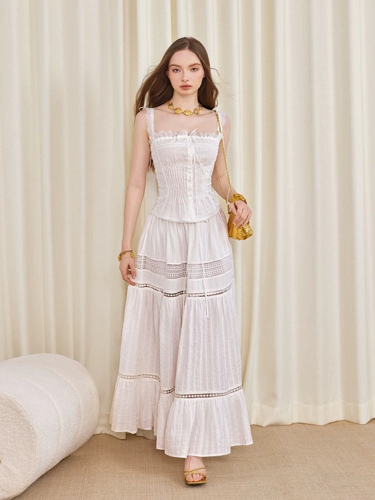 ilessisWANG. Original Design Boho Lace Linen Cami Top & Hollow-Out Skirt Set