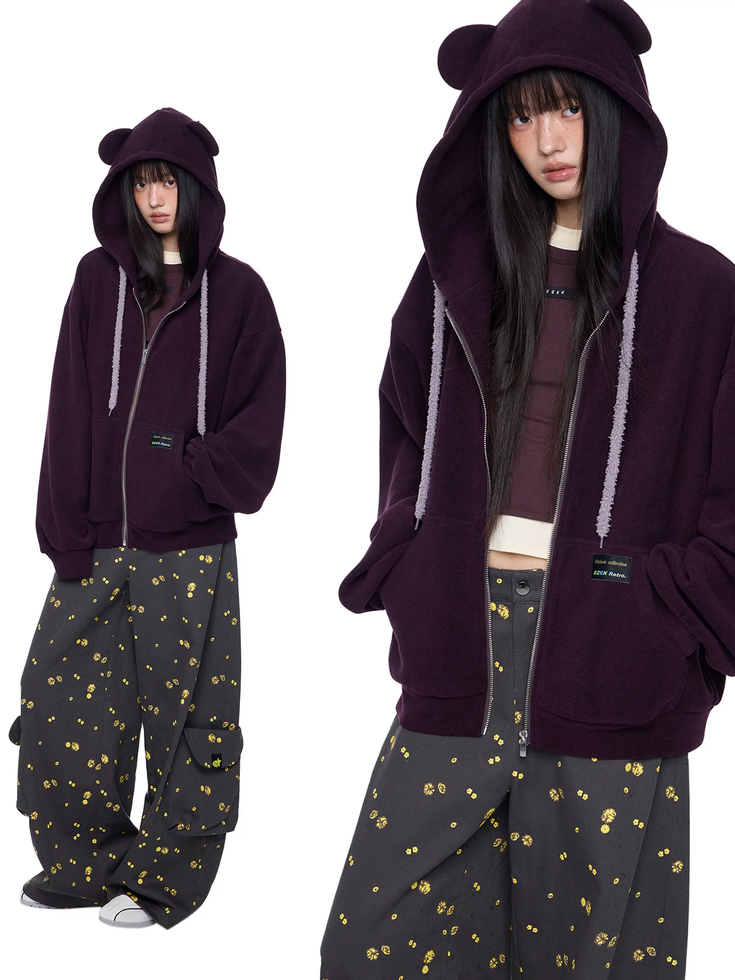 EZEK. Original Design Bear Ear Drawstring Hooded Zip Up Jacket