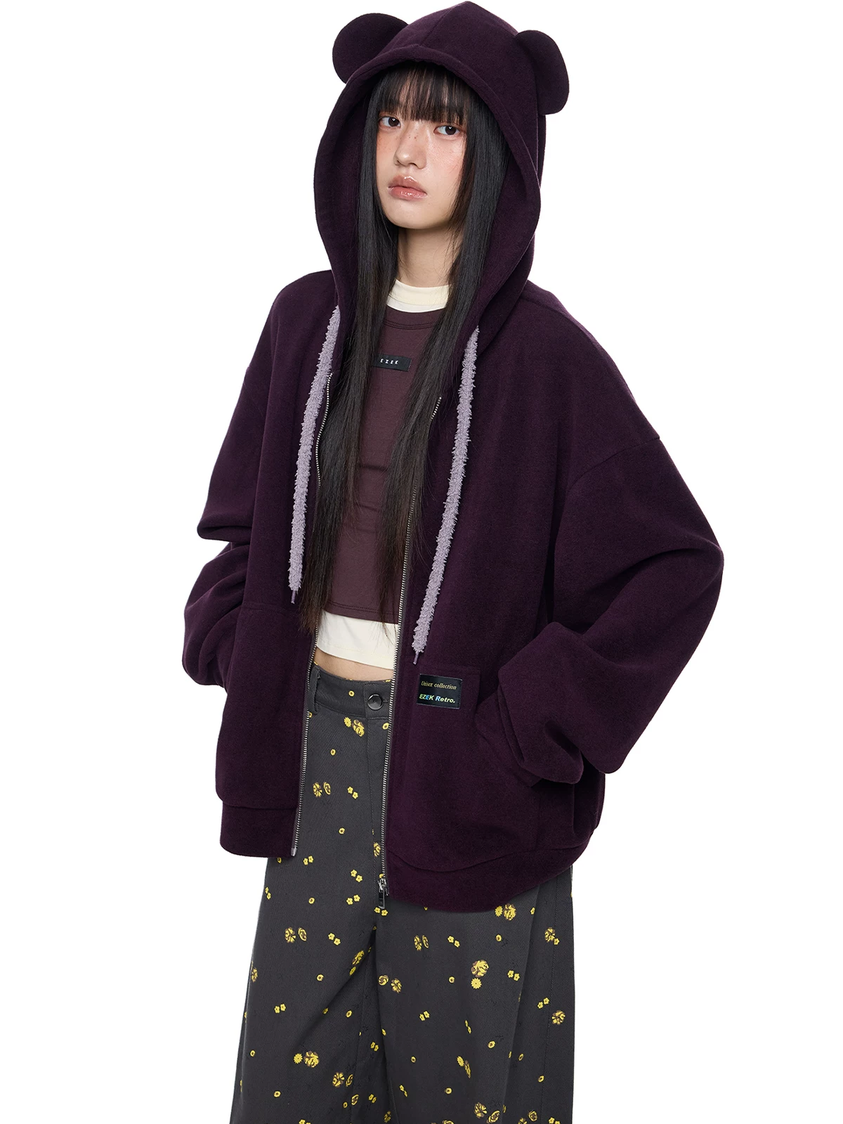 EZEK. Original Design Bear Ear Drawstring Hooded Zip Up Jacket