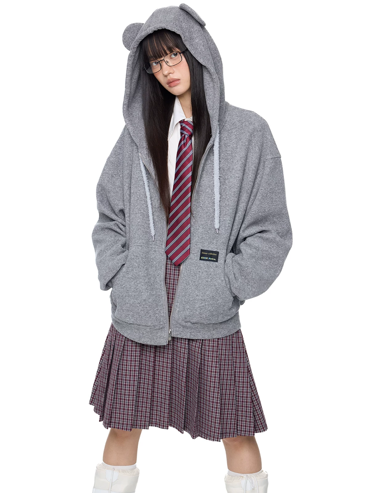 EZEK. Original Design Bear Ear Drawstring Hooded Zip Up Jacket