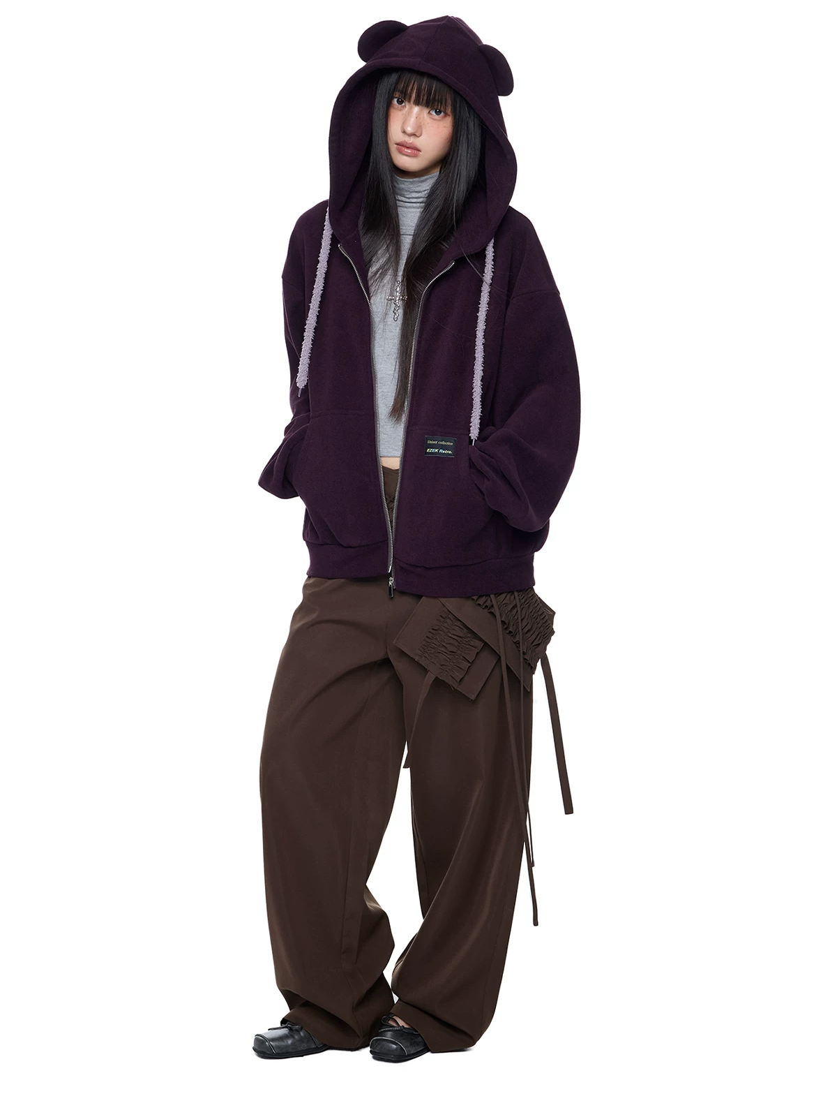 EZEK. Original Design Bear Ear Drawstring Hooded Zip Up Jacket
