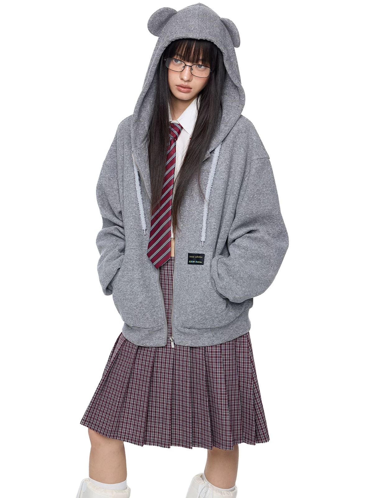 EZEK. Original Design Bear Ear Drawstring Hooded Zip Up Jacket