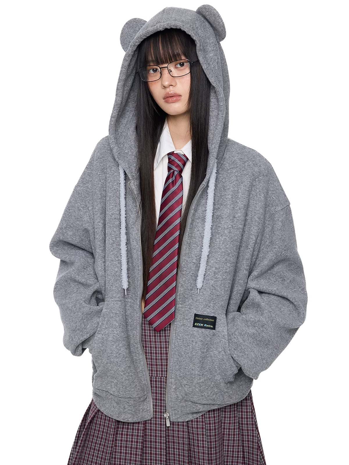 EZEK. Original Design Bear Ear Drawstring Hooded Zip Up Jacket