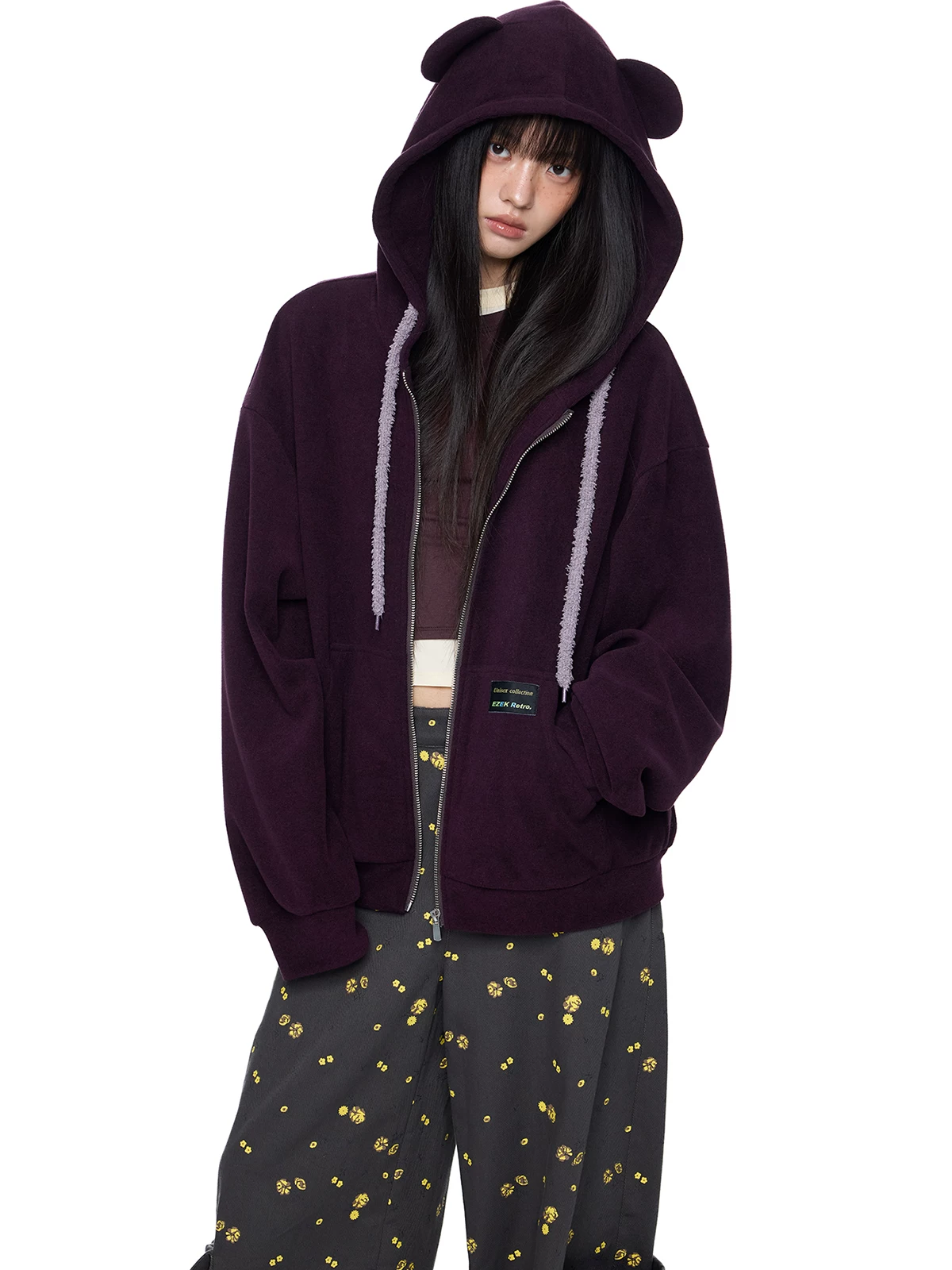 EZEK. Original Design Bear Ear Drawstring Hooded Zip Up Jacket