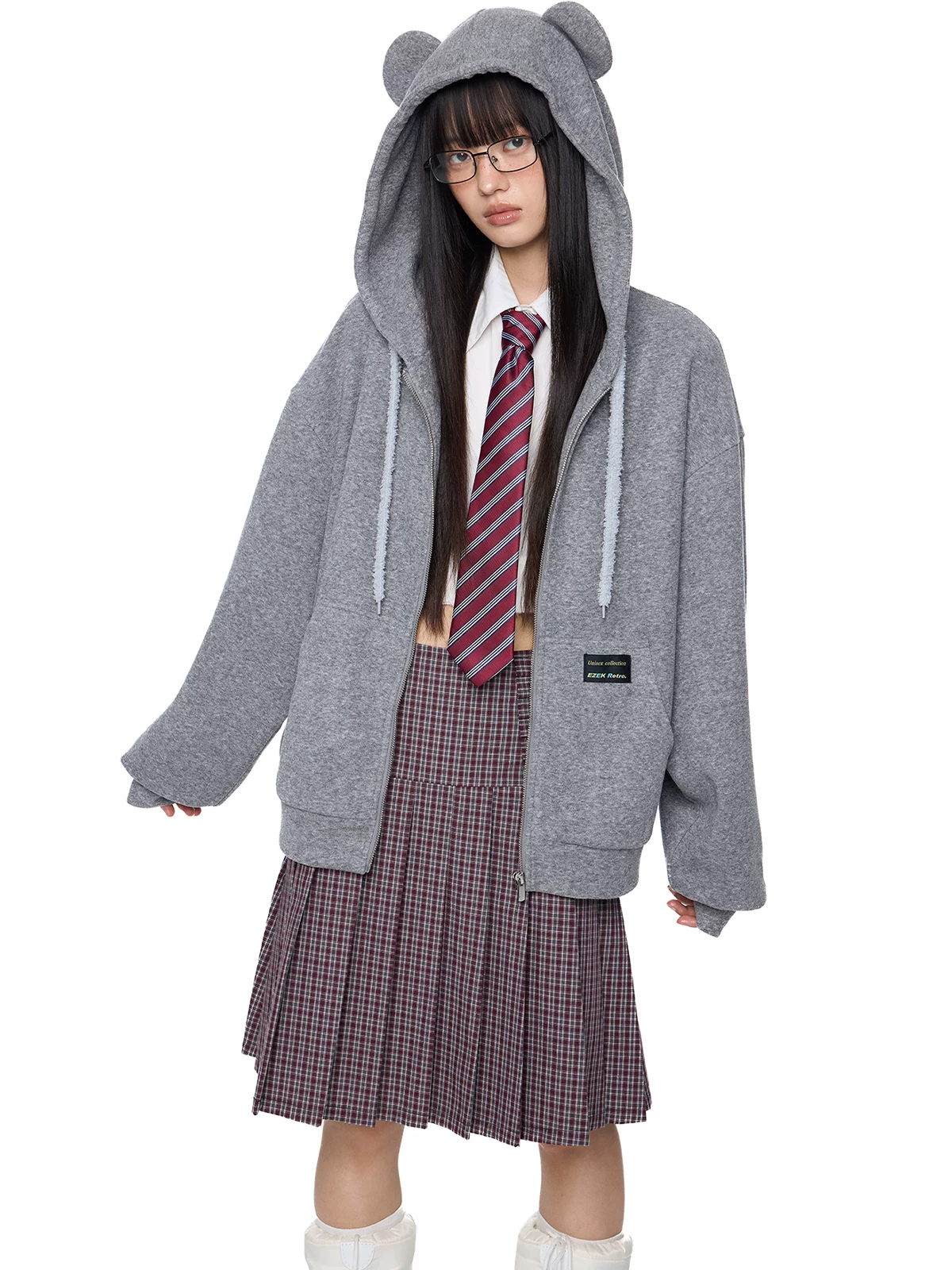 EZEK. Original Design Bear Ear Drawstring Hooded Zip Up Jacket