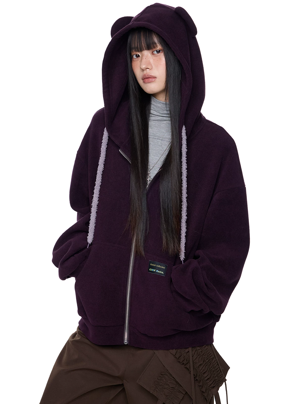 EZEK. Original Design Bear Ear Drawstring Hooded Zip Up Jacket