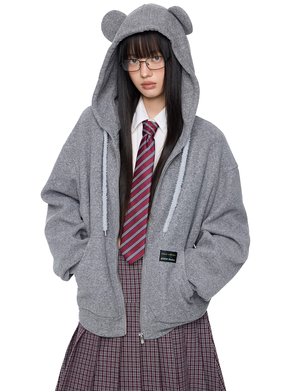EZEK. Original Design Bear Ear Drawstring Hooded Zip Up Jacket