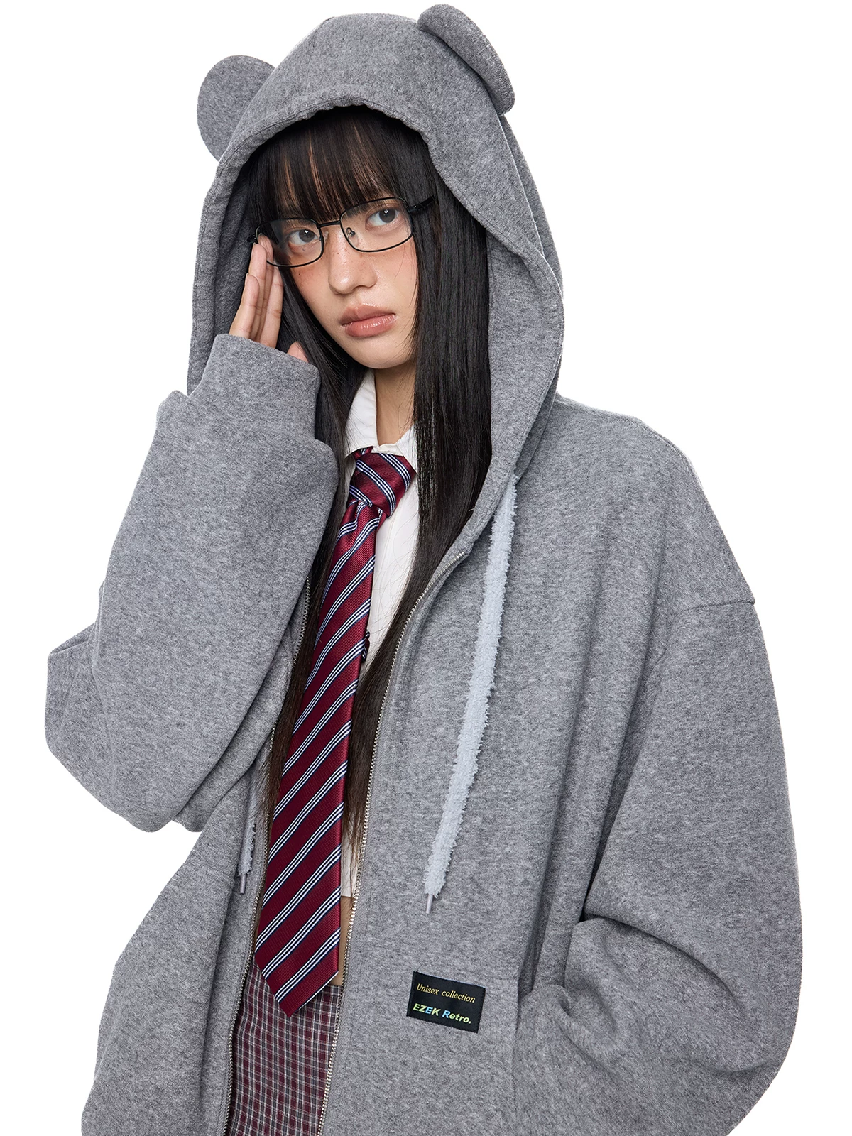 EZEK. Original Design Bear Ear Drawstring Hooded Zip Up Jacket