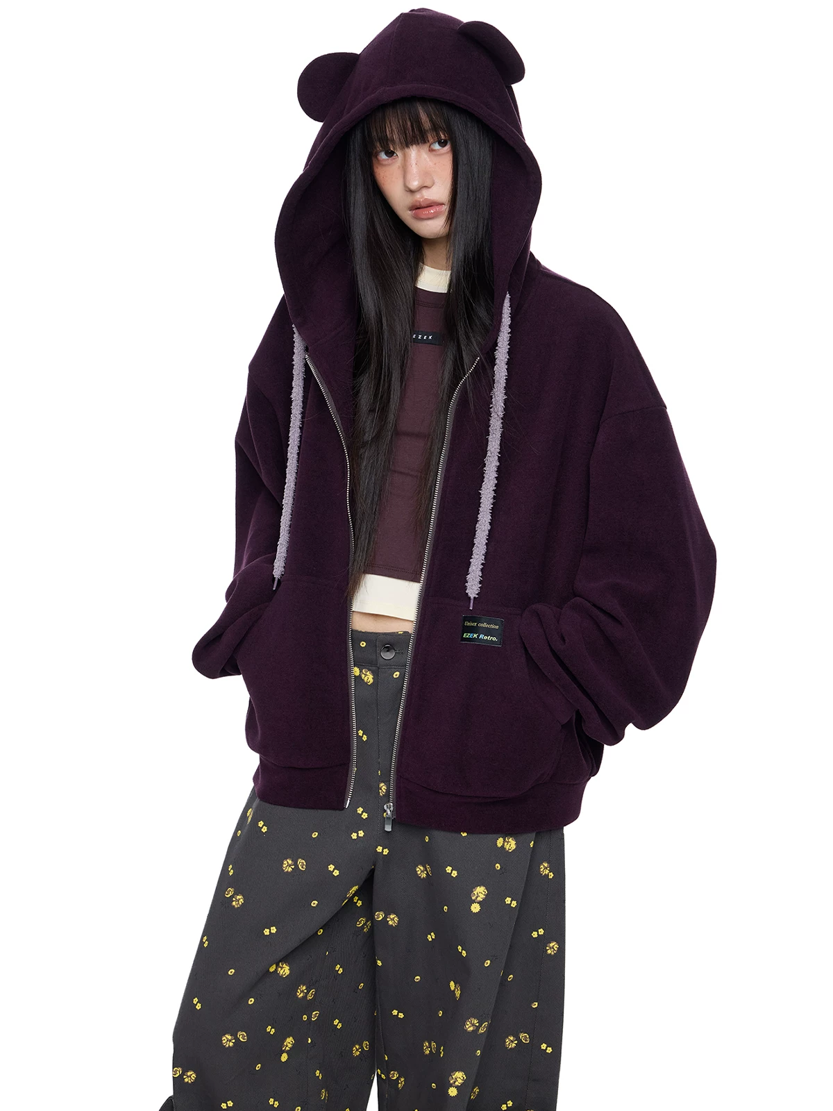 EZEK. Original Design Bear Ear Drawstring Hooded Zip Up Jacket