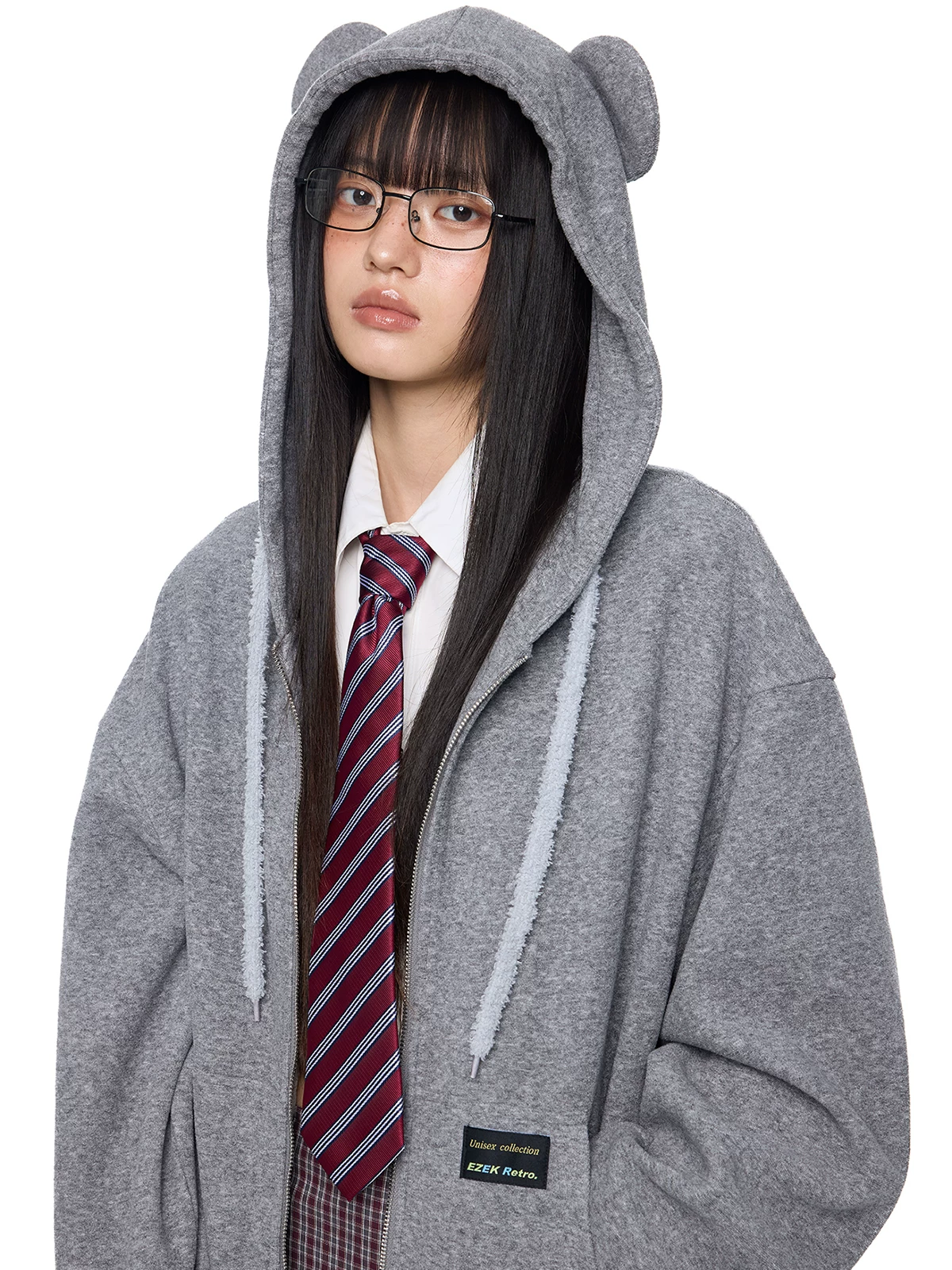 EZEK. Original Design Bear Ear Drawstring Hooded Zip Up Jacket