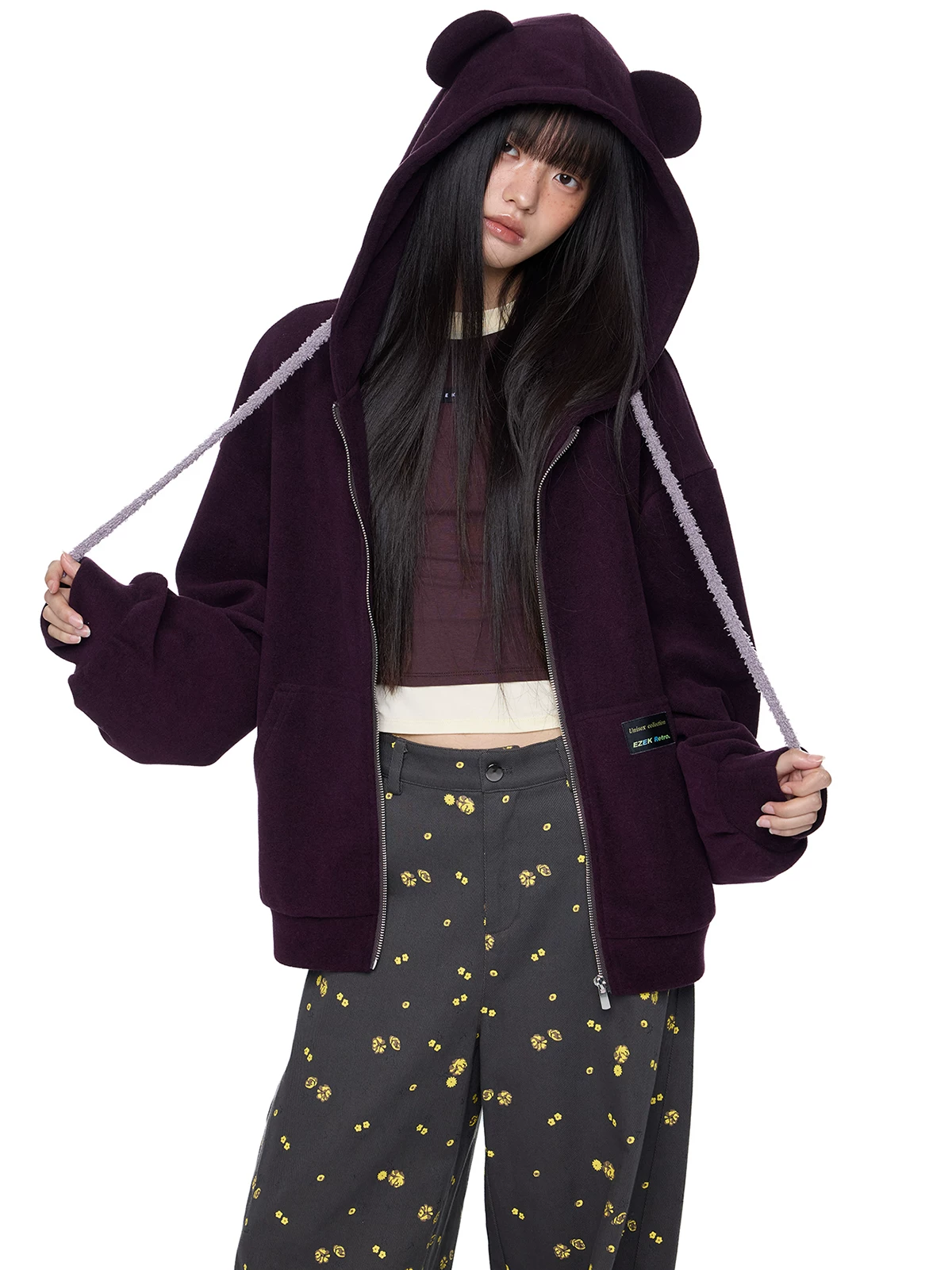 EZEK. Original Design Bear Ear Drawstring Hooded Zip Up Jacket