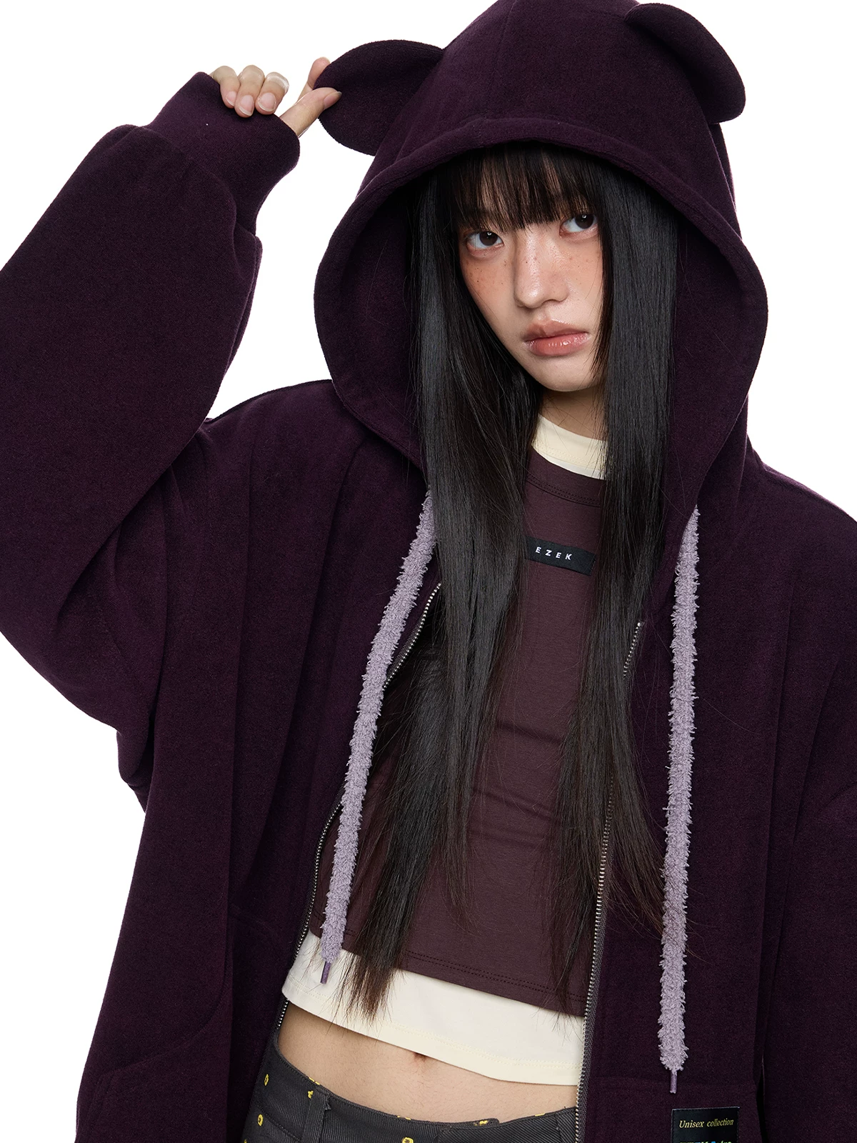 EZEK. Original Design Bear Ear Drawstring Hooded Zip Up Jacket