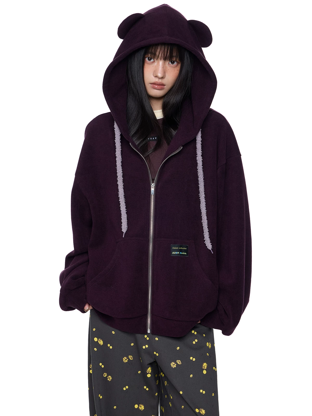 EZEK. Original Design Bear Ear Drawstring Hooded Zip Up Jacket