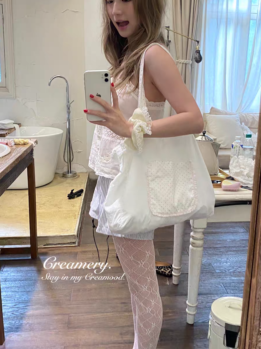 Creamery. Original Design Reversible Polka Dot Bow Tie Canvas Tote Bag