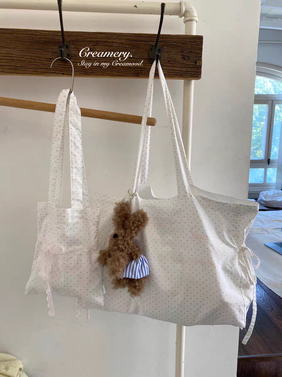 Creamery. Original Design Reversible Polka Dot Bow Tie Canvas Tote Bag