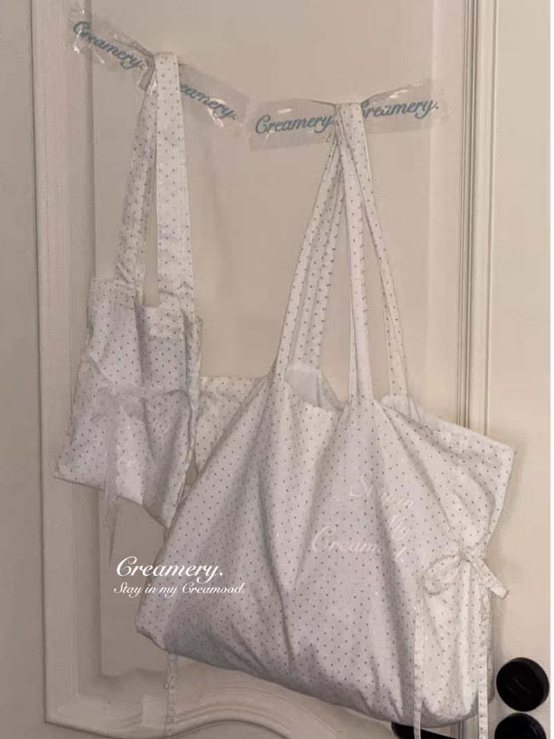 Creamery. Original Design Reversible Polka Dot Bow Tie Canvas Tote Bag
