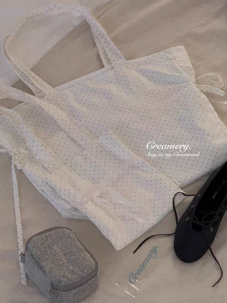 Creamery. Original Design Reversible Polka Dot Bow Tie Canvas Tote Bag