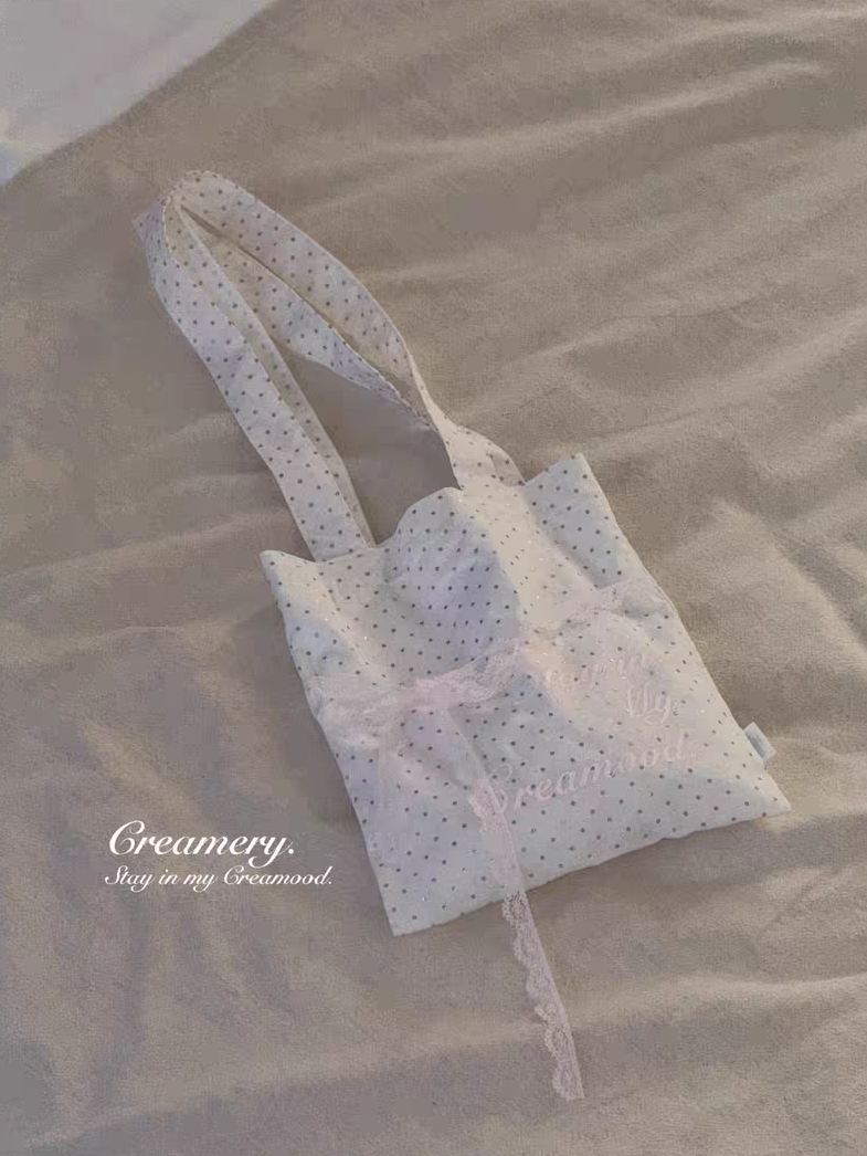 Creamery. Original Design Reversible Polka Dot Bow Tie Canvas Tote Bag