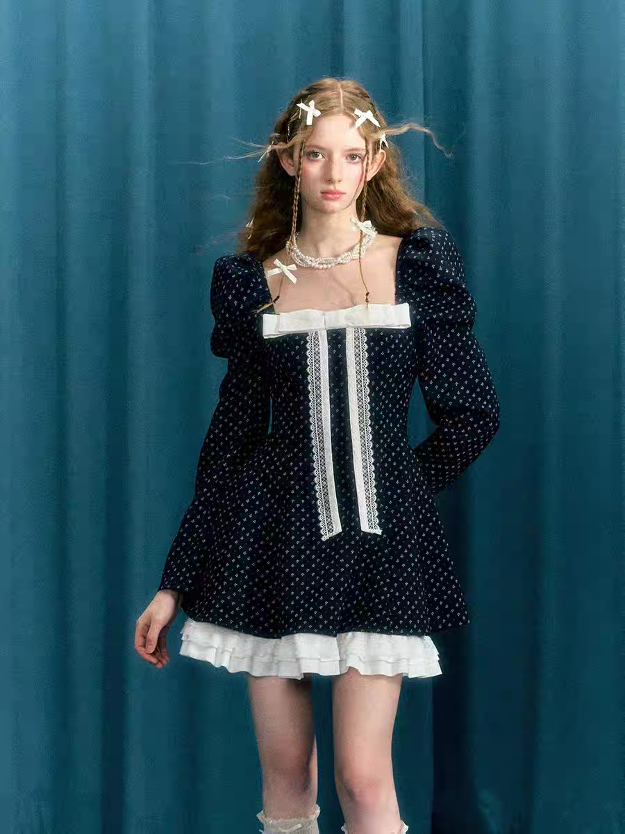 Narrator. Original Design Navy Polka Dot Long Sleeve Square Neck Dress