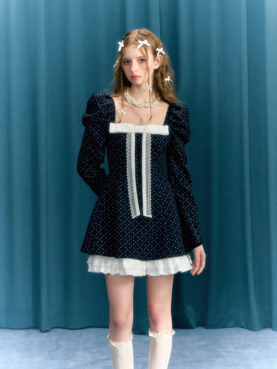 Narrator. Original Design Navy Polka Dot Long Sleeve Square Neck Dress