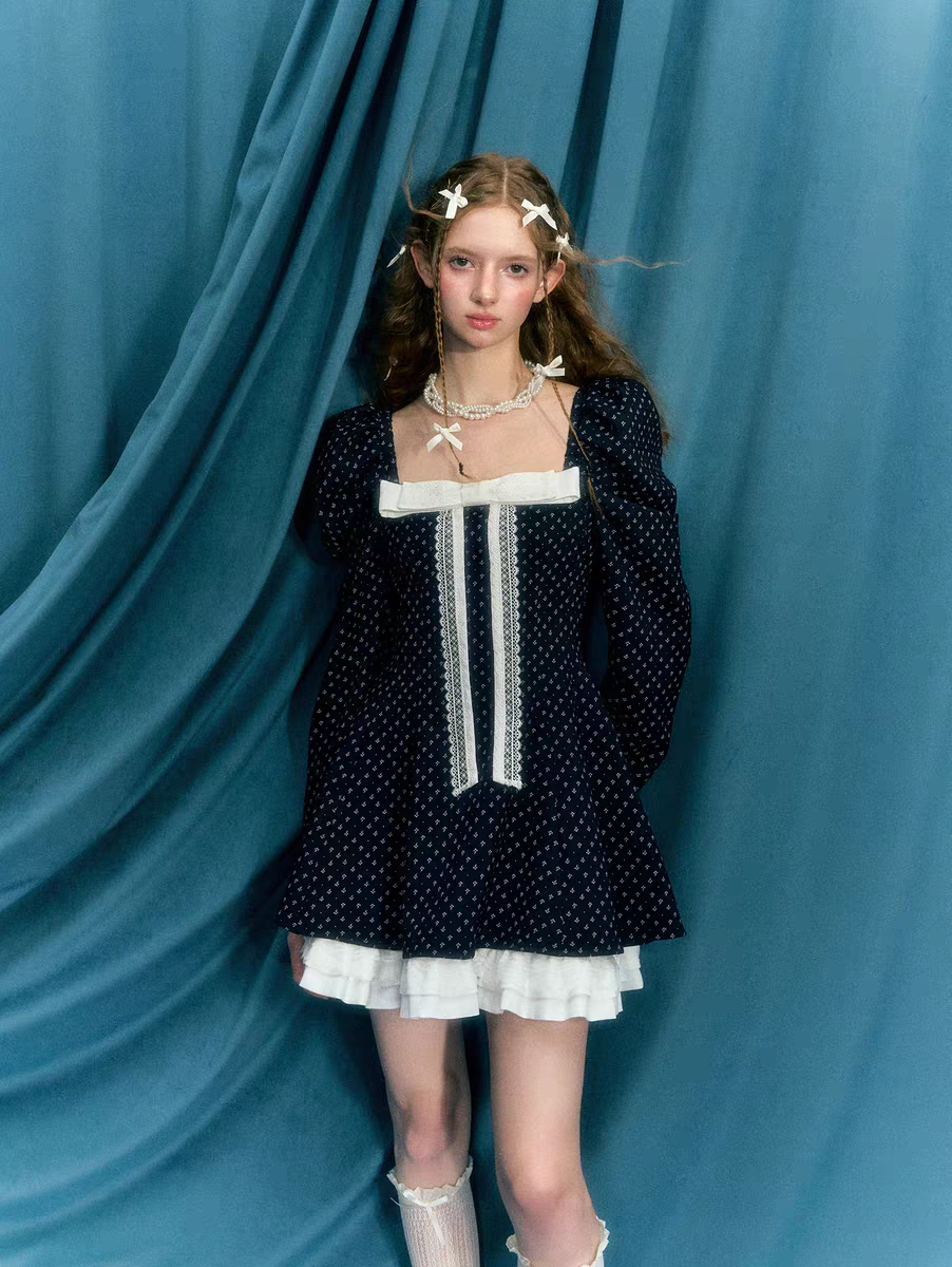Narrator. Original Design Navy Polka Dot Long Sleeve Square Neck Dress