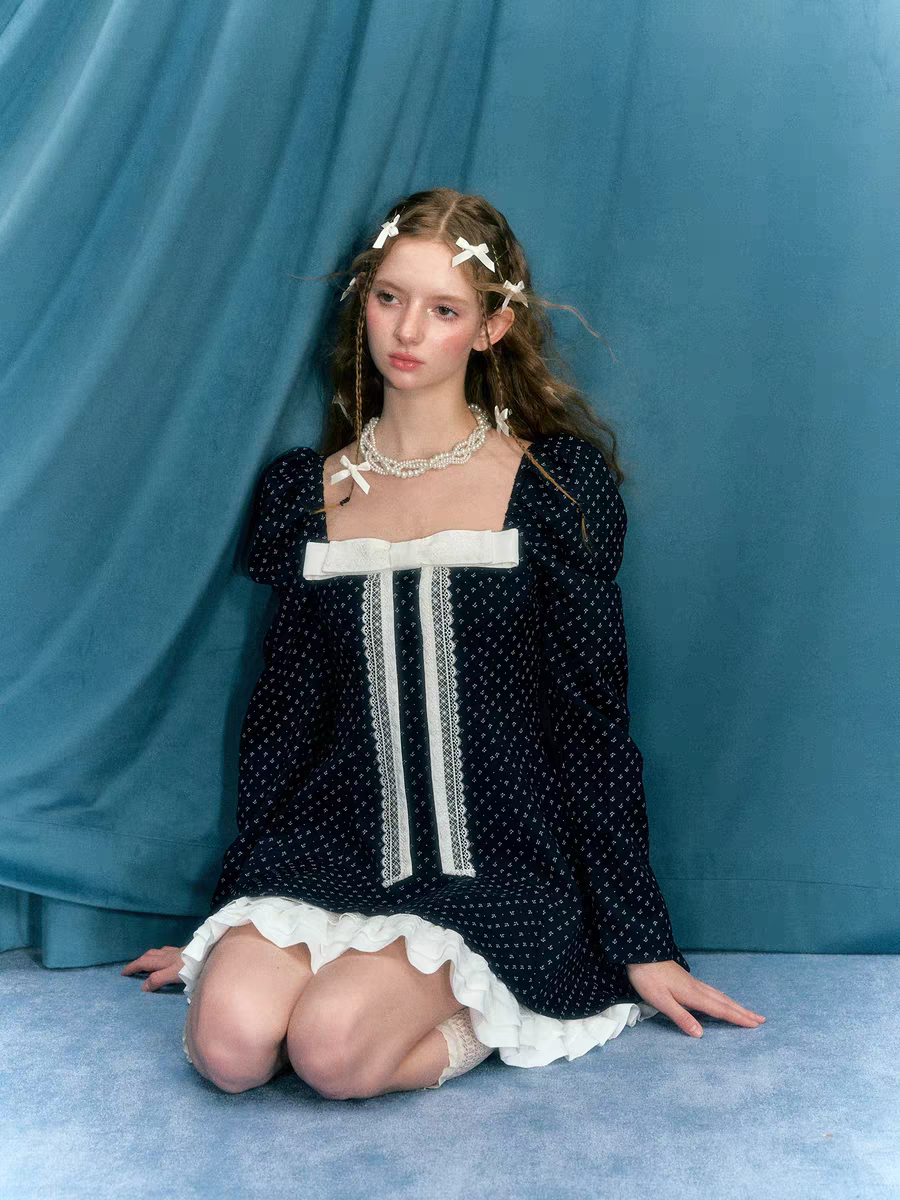 Narrator. Original Design Navy Polka Dot Long Sleeve Square Neck Dress