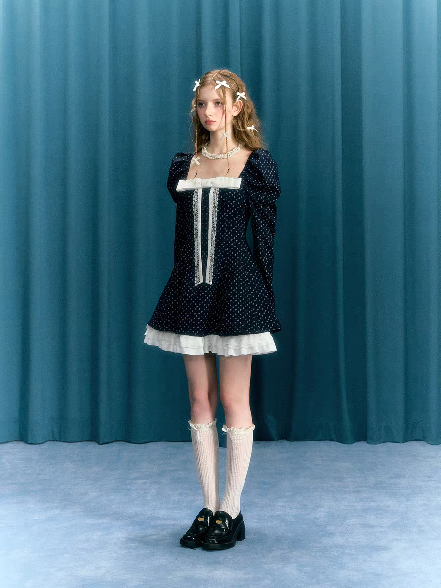 Narrator. Original Design Navy Polka Dot Long Sleeve Square Neck Dress