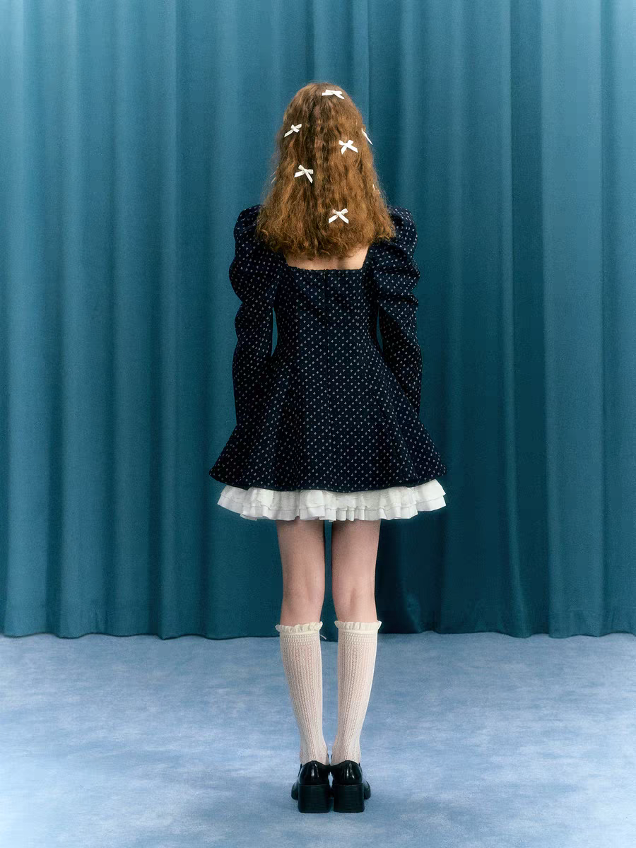 Narrator. Original Design Navy Polka Dot Long Sleeve Square Neck Dress