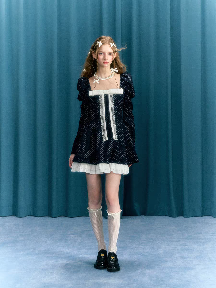 Narrator. Original Design Navy Polka Dot Long Sleeve Square Neck Dress