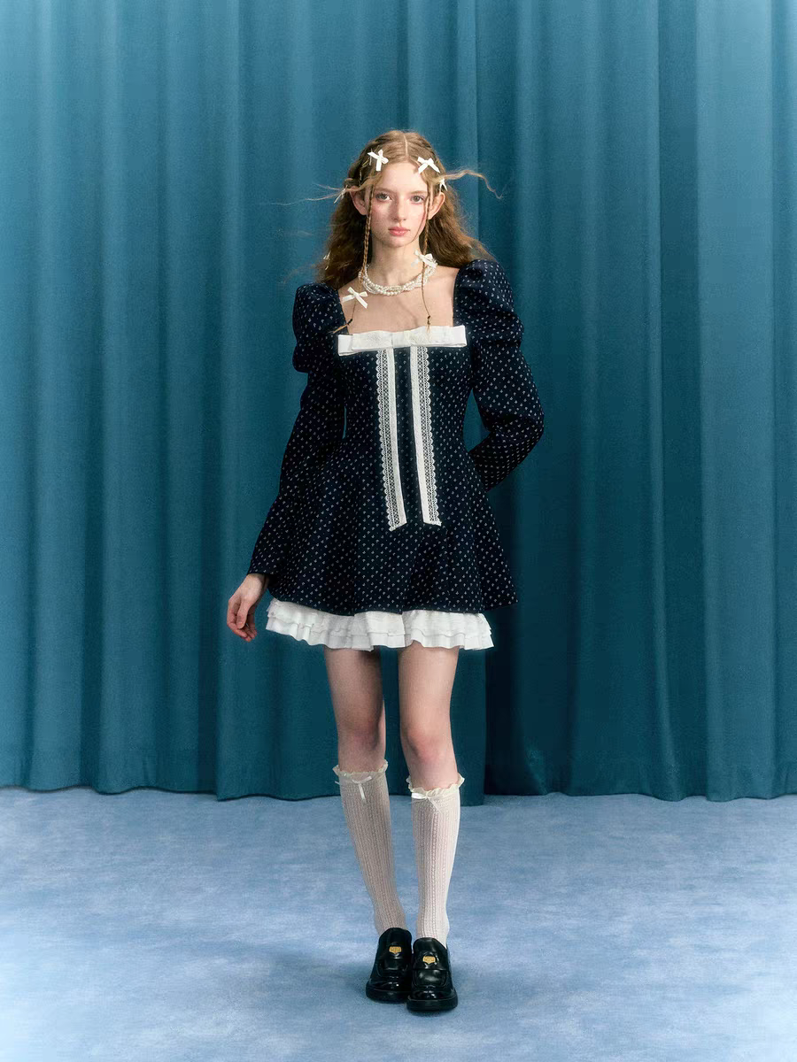 Narrator. Original Design Navy Polka Dot Long Sleeve Square Neck Dress