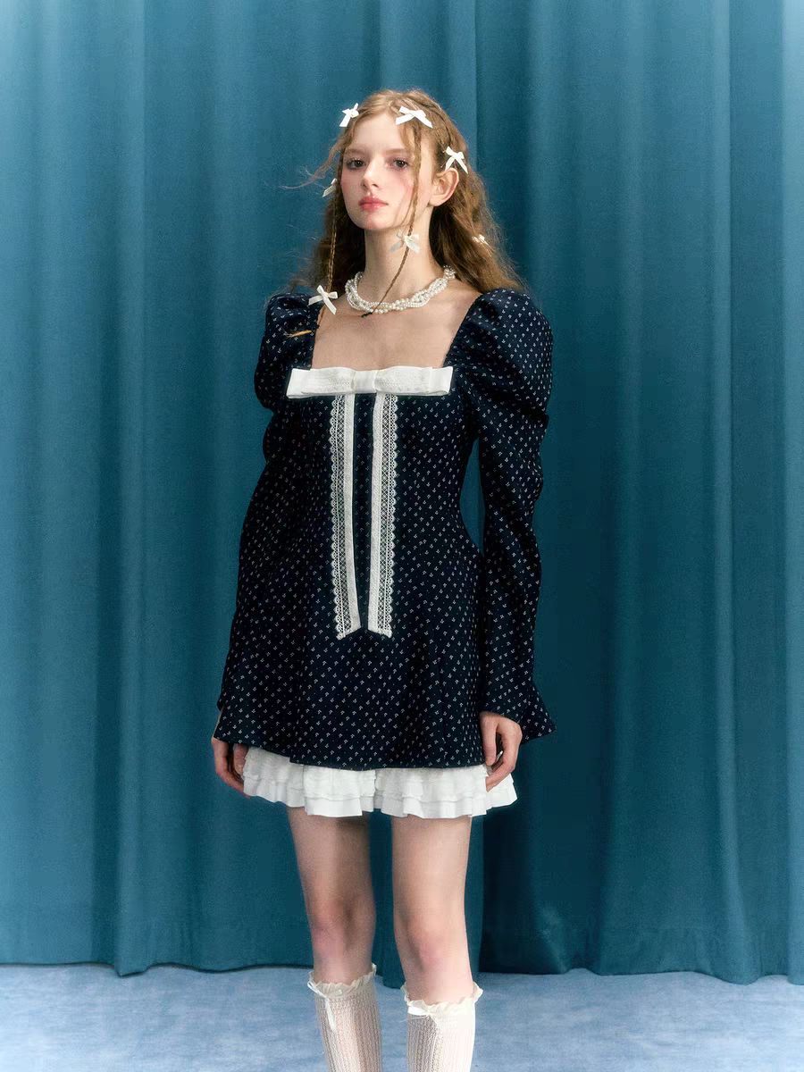 Narrator. Original Design Navy Polka Dot Long Sleeve Square Neck Dress