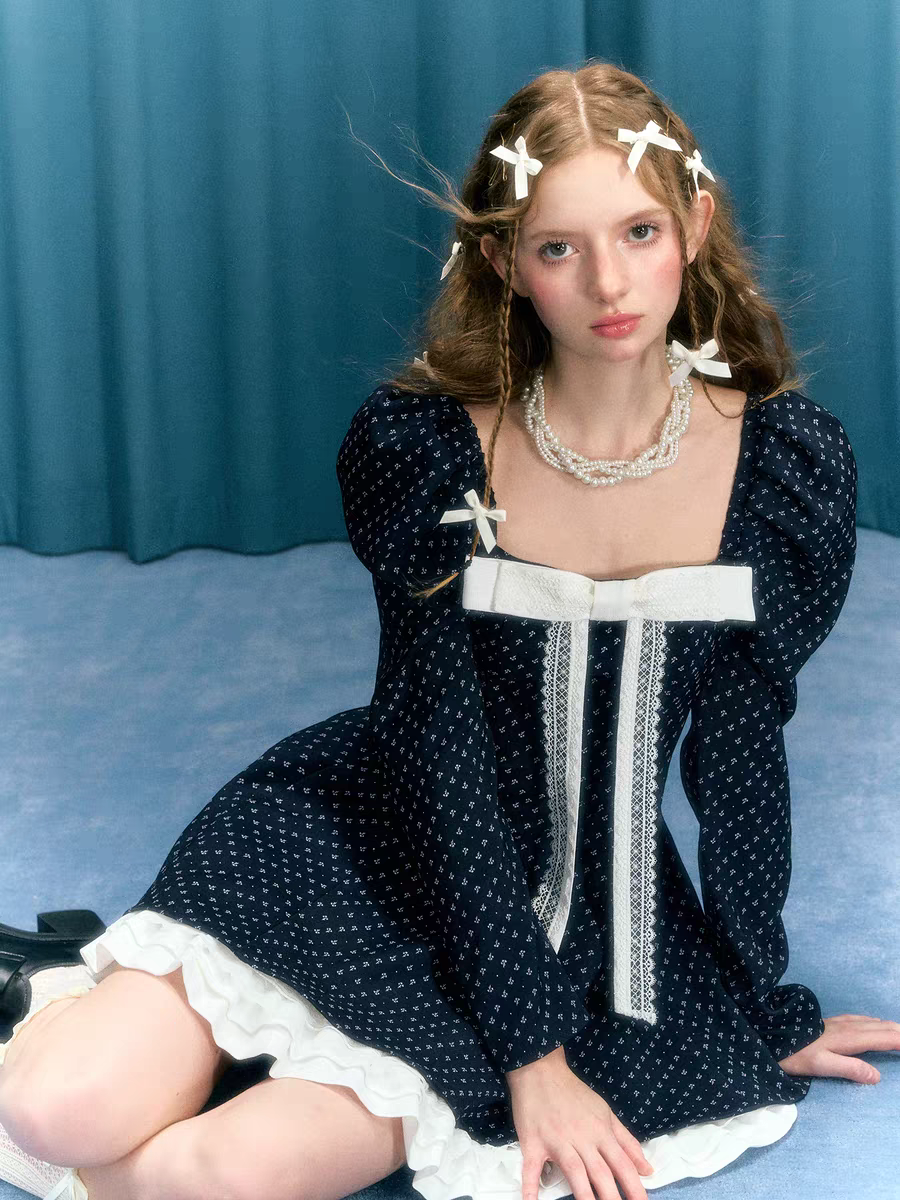 Narrator. Original Design Navy Polka Dot Long Sleeve Square Neck Dress