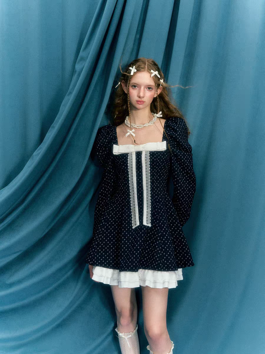 Narrator. Original Design Navy Polka Dot Long Sleeve Square Neck Dress