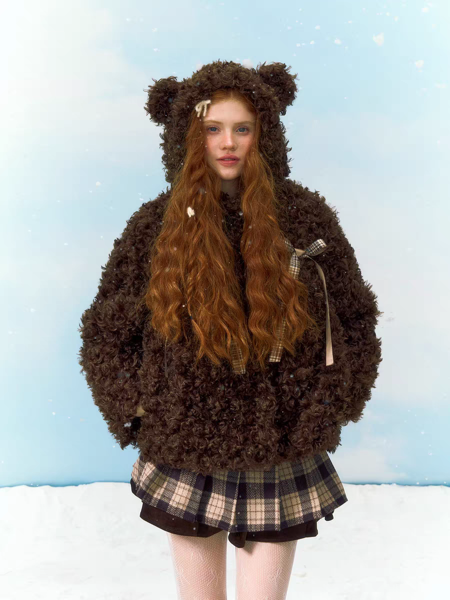 Narrator. Original Design Teddy Bear Hood Plush Cotton-Lined Short Jacket
