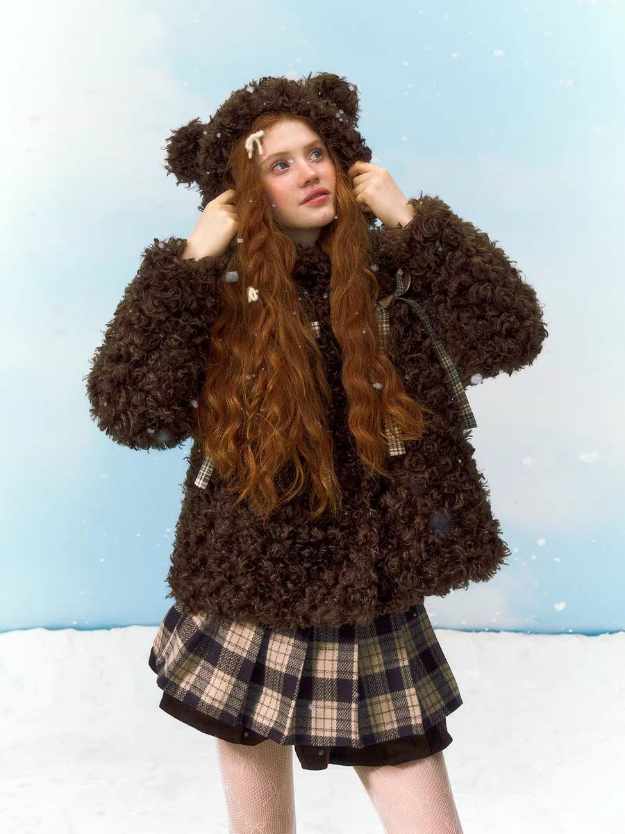 Narrator. Original Design Teddy Bear Hood Plush Cotton-Lined Short Jacket