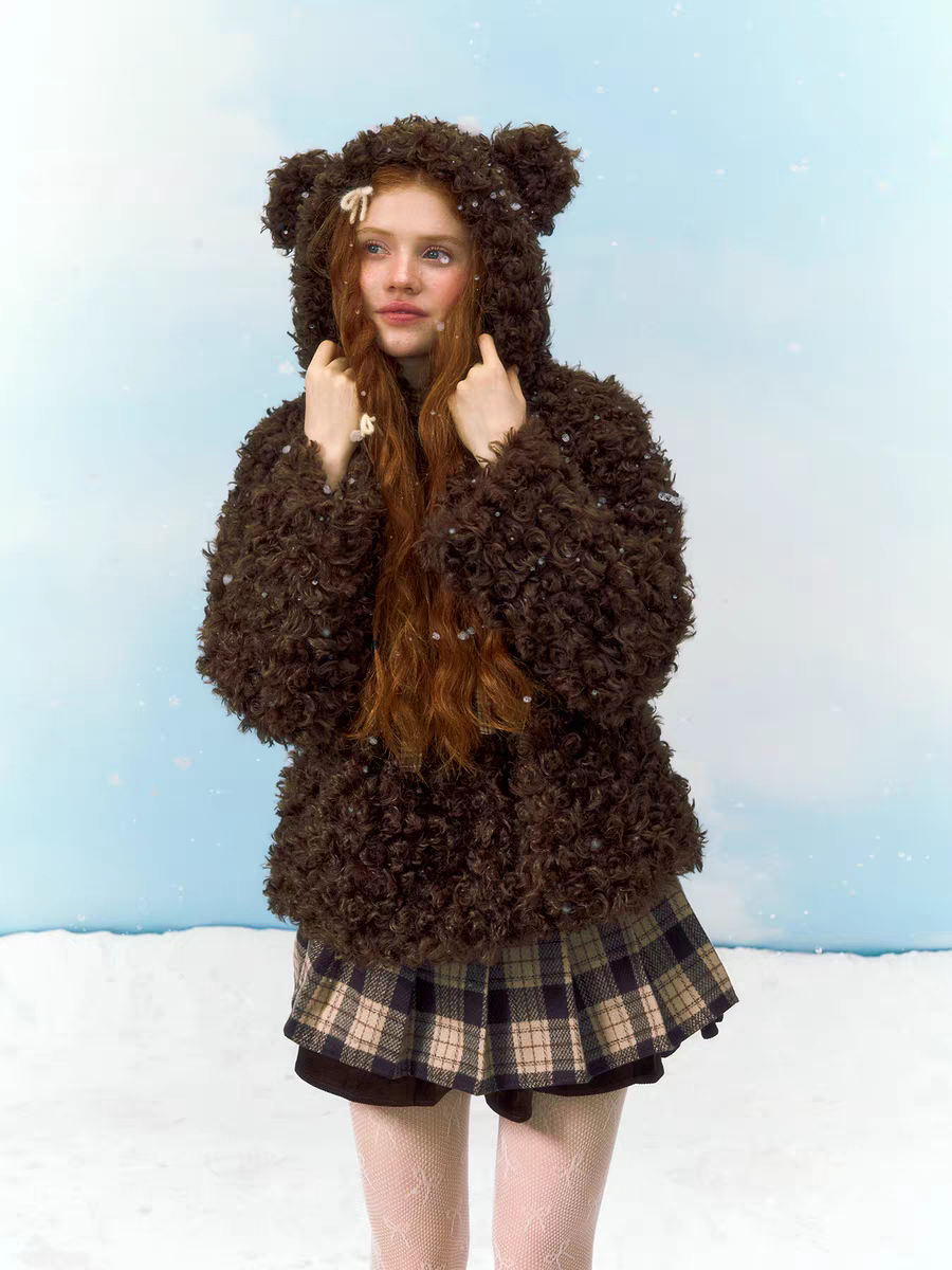 Narrator. Original Design Teddy Bear Hood Plush Cotton-Lined Short Jacket