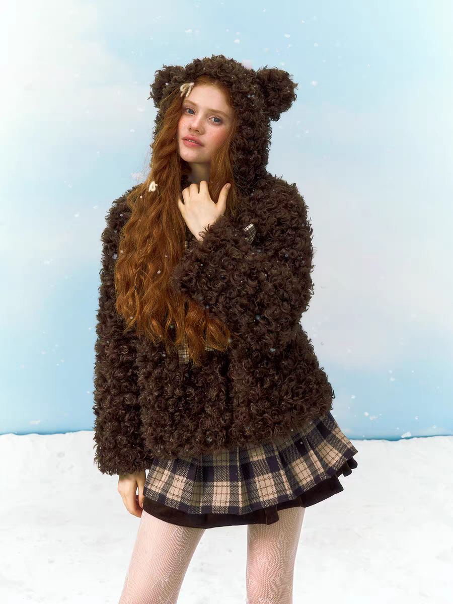 Narrator. Original Design Teddy Bear Hood Plush Cotton-Lined Short Jacket