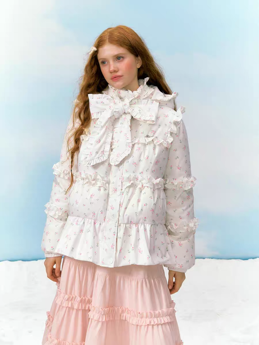 Narrator. Original Design Floral Ruffled Lace Bow Hooded Down Jacket