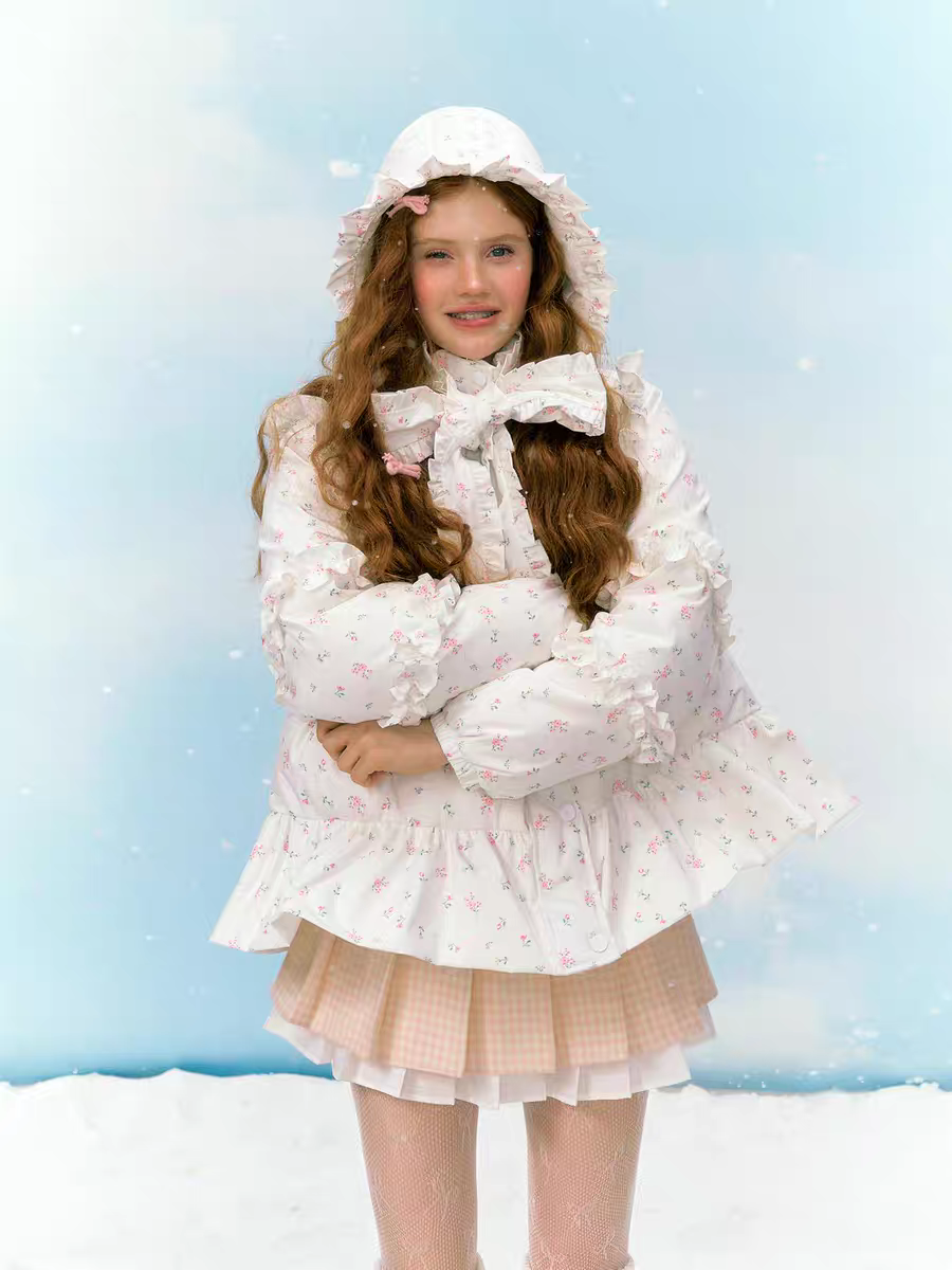 Narrator. Original Design Floral Ruffled Lace Bow Hooded Down Jacket